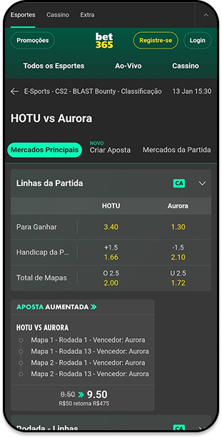  Tela de apostas da bet365 em CS 2 com mercados principais na partida HOTU vs Aurora