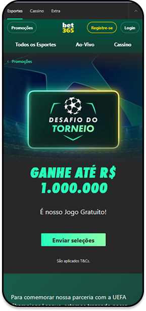 Promoção Desafio do Torneio na bet365 com jogo gratuito e prêmio que pode chegar a R$1.000.000.