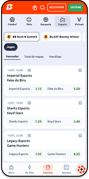 Página da Betano com partidas de CS2 disponíveis para apostas, destacando mercados de vencedor e odds atualizadas.