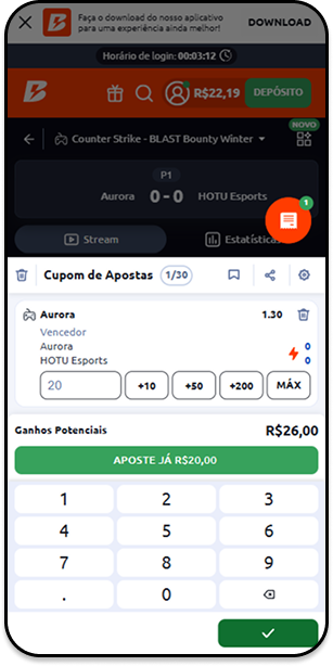 Bilhete de aposta em Counter-Strike 2 na Betano mostrando mercado de vencedor da partida e valor de aposta