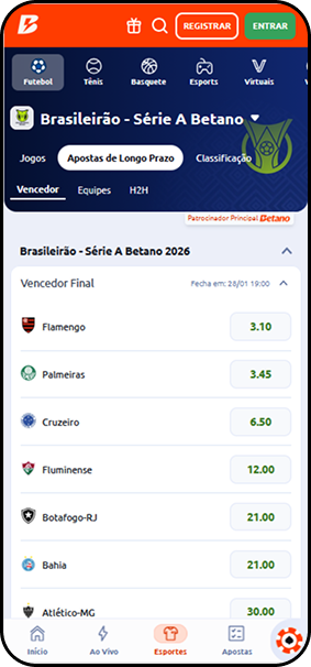 Cotações da Betano para vencedor final do Brasileirão Série A com odds para clubes como Flamengo, Palmeiras e Cruzeiro