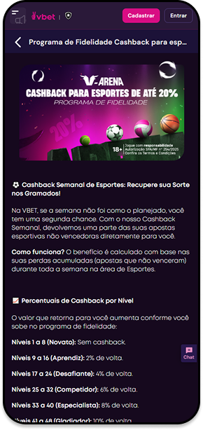 Programa de fidelidade V-Arena da VBET oferecendo cashback semanal de até 20% sobre as apostas esportivas não vencedoras
