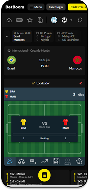 Mercado de aposta para a Copa do Mundo na Betboom para Brasil e Marrocos.