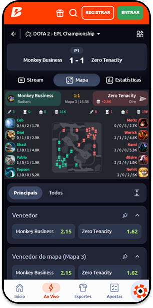 Mapa ao vivo de partida de Dota 2 na Betano