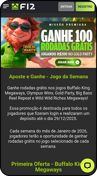Oferta Jogo da Semana F12.bet para ganhar giros grátis em slots selecionados como Buffalo King Megaways e Olympus Wins
