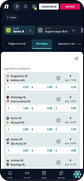 Página de apostas Novibet exibindo partidas do Brasileirão Série A com odds para vitória, empate e derrota