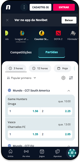 Interface da Novibet exibindo partidas de Counter-Strike com odds para apostas pré-jogo em competições internacionais.