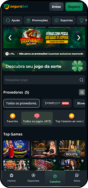 Cassino Segurobet com provedores e jogos top incluindo Big Bass Splash e roleta ao vivo