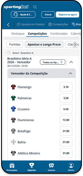 Odds da Sportingbet para vencedor do Brasileirão Série A com cotações para Flamengo, Palmeiras, Cruzeiro e outros clubes
