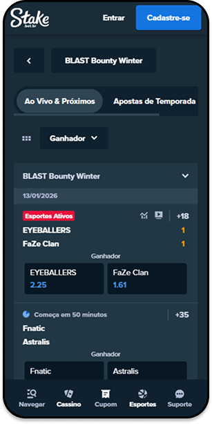 Apostas em CS2 na Stake, exibindo odds para o torneio BLAST Bounty Winter