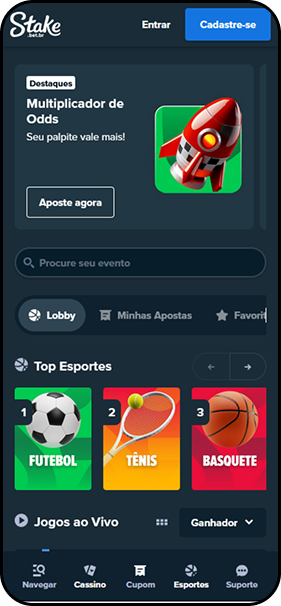 Casa de apostas Stake com multiplicador de odds em destaque e acesso rápido a apostas em futebol, tênis e basquete