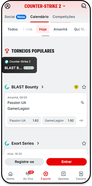 Tela da Superbet mostrando jogos de CS2 com opções de aposta em vencedor, total de mapas e transmissão ao vivo