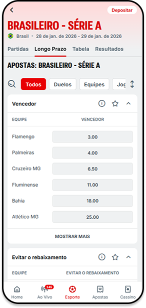 Odds da Superbet para vencedor final do Brasileirão Série A com cotações para Flamengo, Palmeiras e Cruzeiro MG