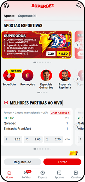 Apostas esportivas da Superbet com SuperOdds em destaque, promoções ativas e jogos ao vivo da Liga dos Campeões