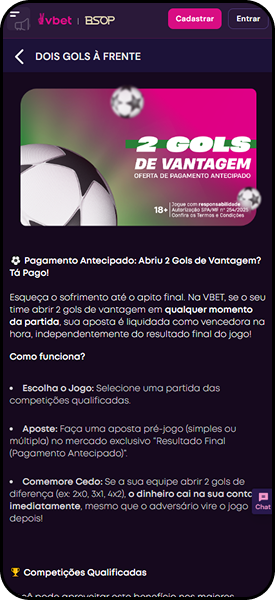 Promoção de pagamento antecipado da VBET onde a aposta é liquidada como vencedora se o time abrir dois gols de vantagem