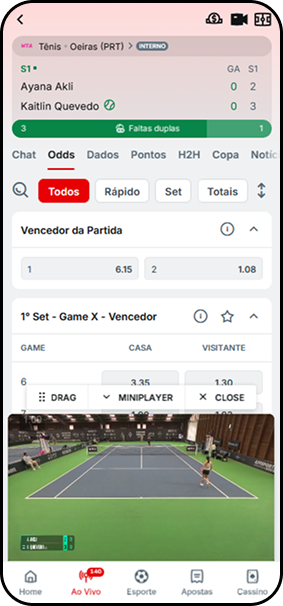 Partida de tênis ao vivo na Superbet entre Ayana Akli e Kaitlin Quevedo com transmissão disponível