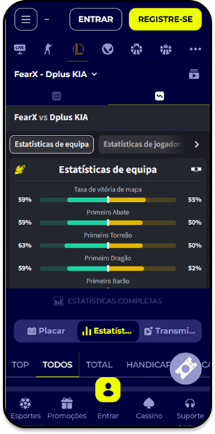 Estatísticas de equipes para apostas ao vivo em torneio de League of Legends