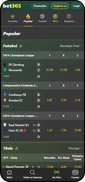 Apostas ao vivo Bet365 exibindo jogos da Champions League e ATP Doha com odds atualizadas