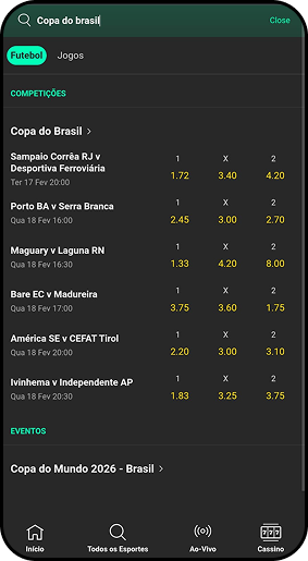 Jogos da Copa do Brasil com odds para resultado final na bet365
