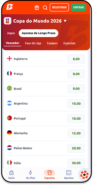 Odds de campeão para a Inglaterra na Betano