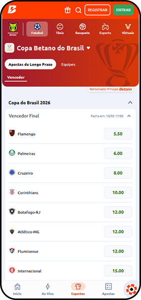 Copa Betano do Brasil 2026 exibindo cotações de longo prazo para vencedor final do torneio