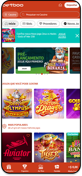 Cassino Betboo com jogos populares incluindo Gates of Olympus, Fortune Digger, Aviator e Fortune Tiger