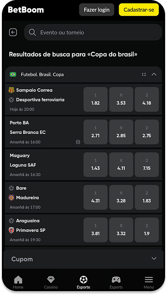 Jogos da Copa do Brasil com odds para resultado final na Betboom