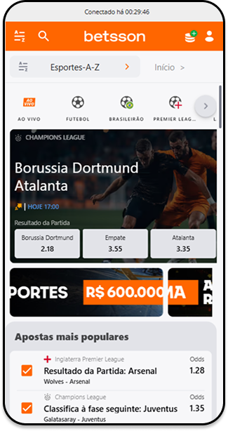 Plataforma Betsson com mercados para Champions League