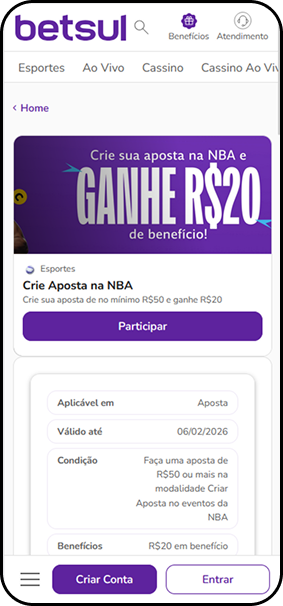 Vinte reais em bônus para apostas na NBA por meio da casa Betsul