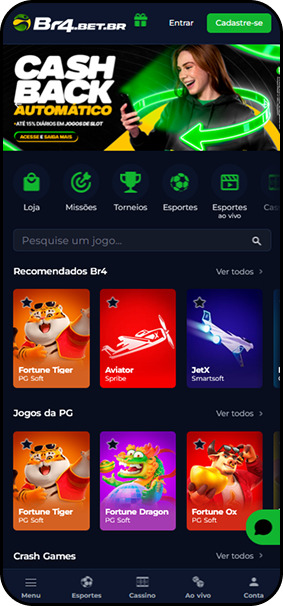 Cassino Br4bet com cashback automático e jogos recomendados como Fortune Tiger