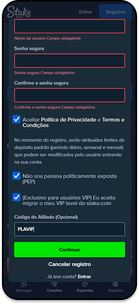 Área de cadastro da Stake com campo para digitar o código de afiliacao Plavip
