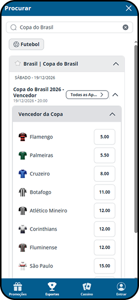 Mercado de apostas Sportingbet para vencedor da Copa do Brasil 2026 com odds atualizadas