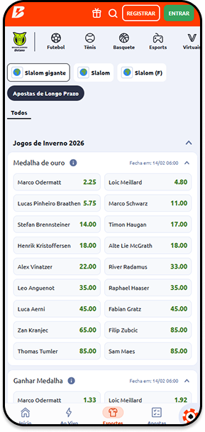 Oddds para Lucas Pinheiro Braathen para a medalha de ouro.