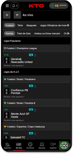 Apostas ao vivo KTO com partidas da Champions League, Brasileirão e Copa Catalunya em tempo real