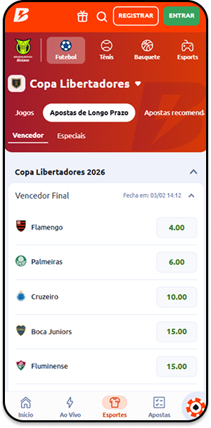 Casa de aposta Betano com odds para os jogos da Copa Libertadores da América