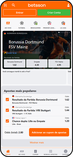 Casa de apostas Betsson apresentando odds para Borussia e FSV Mainz