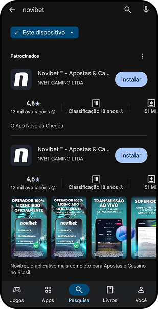 Novibet app disponível na Google Play Store.