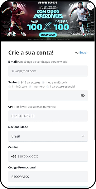 Cadastro na Novibet para aproveitar odd 100 na final da Recopa Sul-Americana