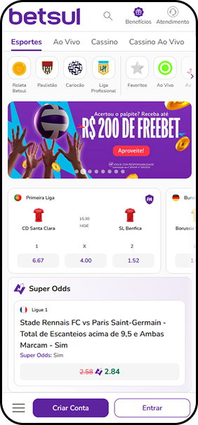 Home da versão mobile da casa de apostas Betsul, apresentando freebet para o vôlei