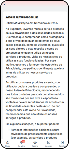 Informações sobre proteção de dados dos usuários da casa de apostas Superbet