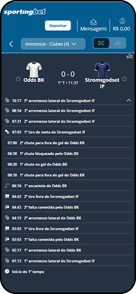 Apostas ao vivo Sportingbet mostrando partida entre Odds BK e Stroemsgodset com múltiplos mercados