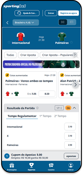 Cotações para apostas na Sportingbet para o jogo Internacional x Palmeiras