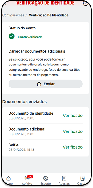 Verificação de identidade com conta confirmada e documentos enviados como selfie, documento de identidade e comprovante adicional, todos com status verificado.