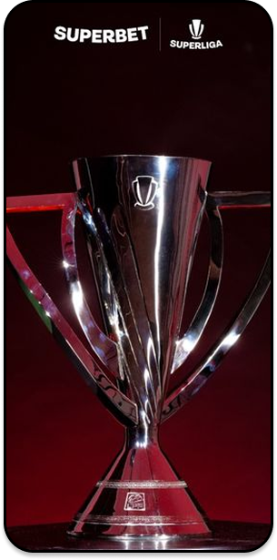 Taça da Superliga patrocinada pela Superbet, com fundo vermelho e logotipos da competição e da casa de apostas acima do troféu.