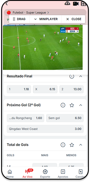Aposta ao vivo da Superbet em Super League da Turquia com odds para resultado final e opção de transmissão em mini player.
