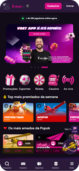Vbet com mais de 55 mil jogadores online, top jogos da semana como Fortune Tiger e Aviator e app disponível para download