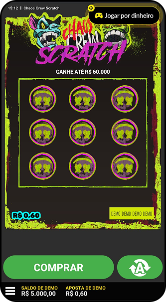 Raspadinha Chaos Crew Scratch com nove símbolos para raspar e prêmios de até R$60.000
