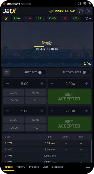 Crash game JetX apresentando o histórico e recursos como auto cash out