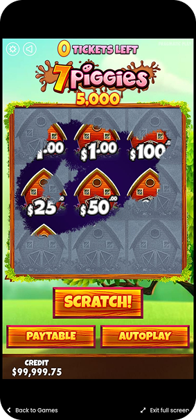 Raspadinha 7 Piggies com seis casas para raspar e prêmios de até $100