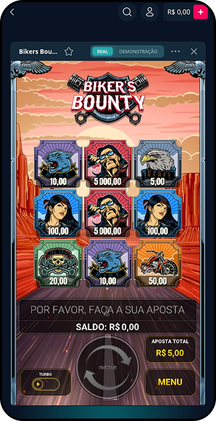 Raspadinha Biker's Bounty com nove símbolos temáticos de motociclistas e prêmios de até R$5.000